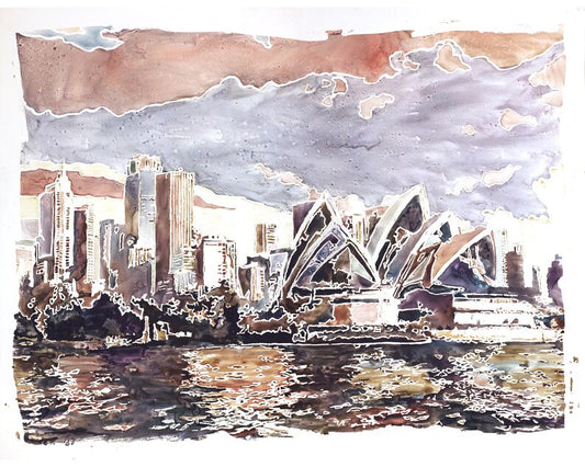 Sydney Opera House and skyline of city- watercolor painting Sydney Australia fine art watercolor painting Sydney Harbour skyline art (print)