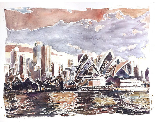 Ópera de Sídney y horizonte de la ciudad- pintura en acuarela Sídney Australia bellas artes pintura en acuarela Arte del horizonte del puerto de Sídney (impresión)