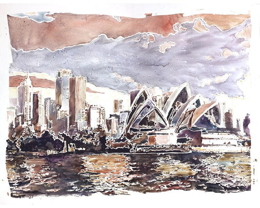 Sydney Opera House and skyline of city- watercolor painting Sydney Australia fine art watercolor painting Sydney Harbour skyline art (original)
