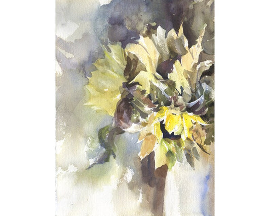 Sunflower fine art painting.  Yellow sunflower floral watercolor artwork sunflowers in vase. Watercolor painting sunflower (original art)