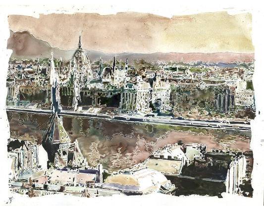 Budapest skyline- Hungary.  Hungarian Parliament & skyline of Budapest artwork watercolor Hungary landscape Budapest skyline art (print)
