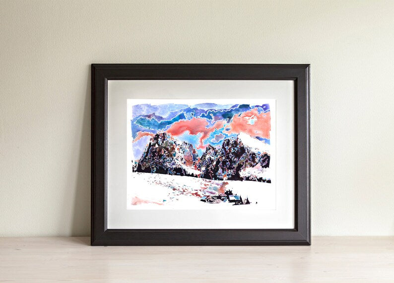 Switzerland Alps snow scene watercolor painting- Swiss Alps watercolor landscape artwork. Watercolor painting Swiss Alps Switzerland (print)