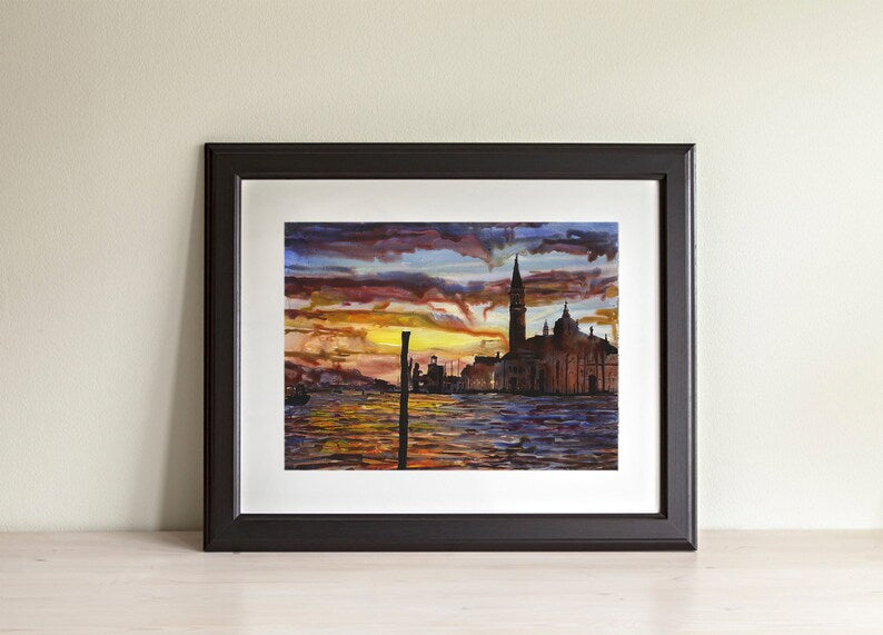 Venice, Italy sunset painting. Watercolor painting Venice church Grand Canal artwork Venice skyline Italy Grand Canal sunset gondola (print)