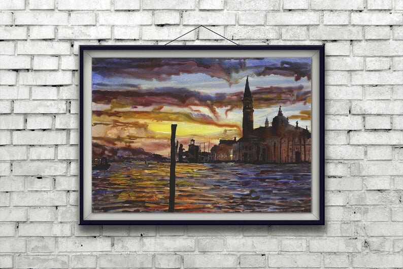 Venice, Italy sunset painting. Watercolor painting Venice church Grand Canal artwork Venice skyline Italy Grand Canal sunset gondola (print)