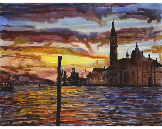 Hand-painted watercolor of romantic Venetian evening with gondolas and historic church.