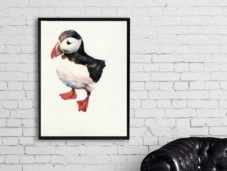 Watercolor painting of Icelandic puffin artwork for home office decor