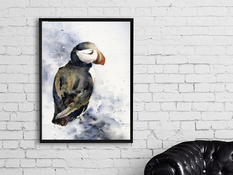 Puffin in Iceland art.  Watercolor painting Puffin Iceland bird decor fine art painting Iceland artwork bird decor puffin artwork (print)