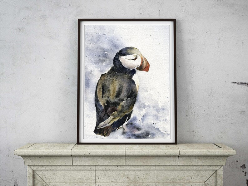 Puffin in Iceland art.  Watercolor painting Puffin Iceland bird decor fine art painting Iceland artwork bird decor puffin artwork (print)