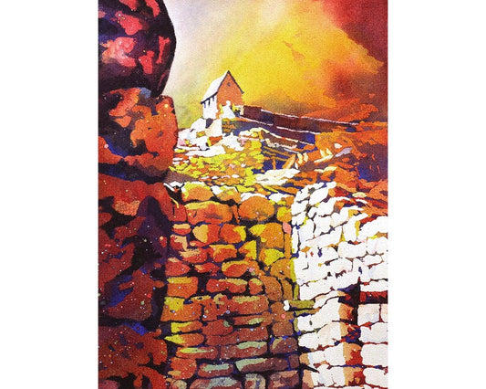 Richly detailed original watercolor art of Machu Picchu and the Andes Mountains from the famous viewpoint of the caretaker’s hut—perfect for framing and gifting.