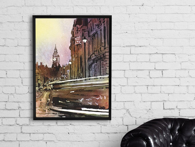 Big Ben silhouetted at sunset in London, England- fine art watercolor painting.  Watercolor painting of Big Ben in London, (print)