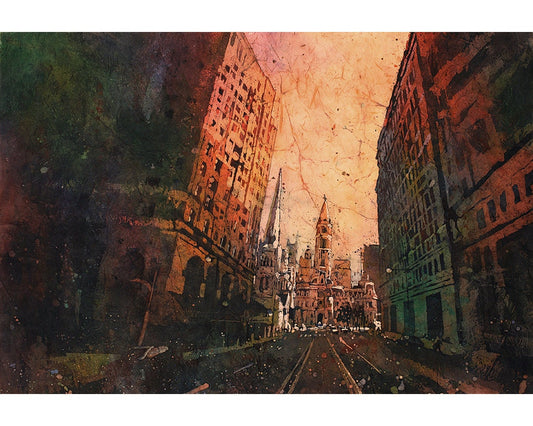 Ayuntamiento al anochecer- Filadelfia, PA. Bellas artes acuarela batik pintura Filadelfia obras de arte bellas artes Obras de arte del Ayuntamiento Filadelfia puesta de sol (impresión)