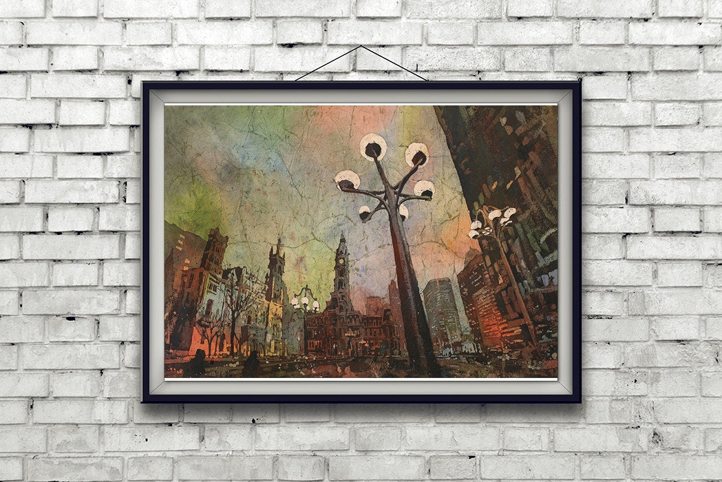 Philadelphia City Hall at dawn- Pennsylvania.  Batik painting watercolor painting art Philadelphia skyline artwork watercolor batik Philly (print)