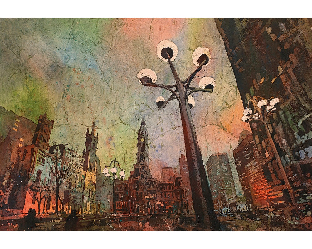 Philadelphia City Hall at dawn- Pennsylvania.  Batik painting watercolor painting art Philadelphia skyline artwork watercolor batik Philly (print)