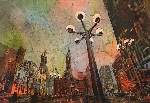 Philadelphia City Hall at dawn- Pennsylvania.  Batik painting watercolor painting art Philadelphia skyline artwork watercolor batik Philly (print)