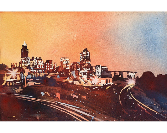 Skyline of Raleigh, NC at sunrise- fine art watercolor painting.  Watercolor painting of Raleigh skyline, giclee art, home decor orange (print)