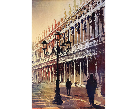 Artistic watercolor of Venice with the majestic Lion of San Marco overlooking the empty square.