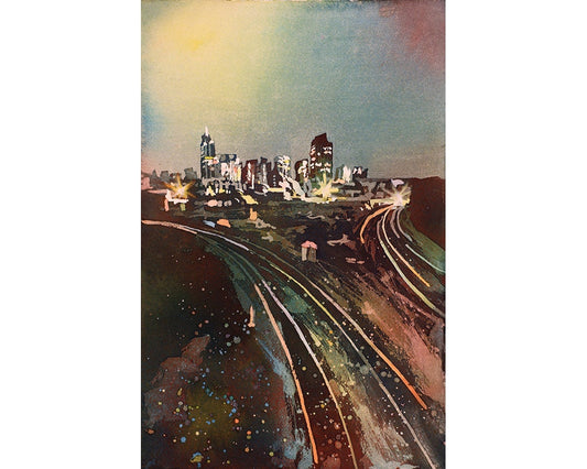 Downtown Raleigh, NC at sunrise.  Watercolor painting Raleigh.  Raleigh art painting Raleigh watercolor landscape colorful artwork (print)