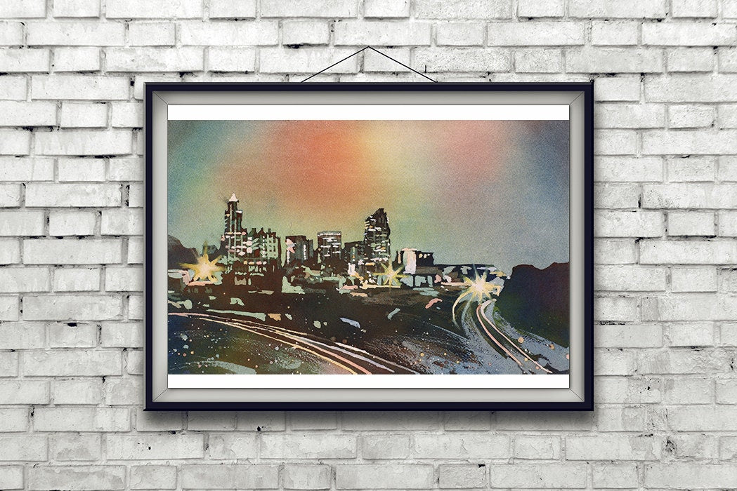 Raleigh skyline at sunrise-  fine art watercolor painting.  Raleigh skyline watercolor painting fine art giclee downtown Raleigh skyline