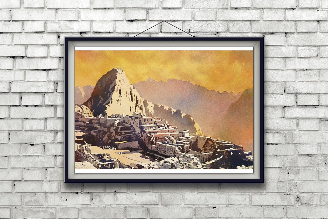Machu Picchu- Sacred Valley, Peru.  Watercolor art, landscape painting, Peru Machu Picchu artwork Peru ruins orange art Machu Picchu (print)