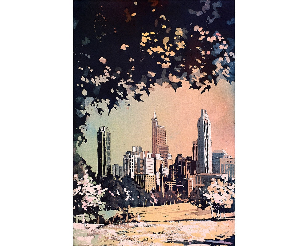 Raleigh skyline at dusk- Raleigh, North Carolina.  Raleigh skyline watercolor landscape fine art print wall art city skyline map Raleigh NC