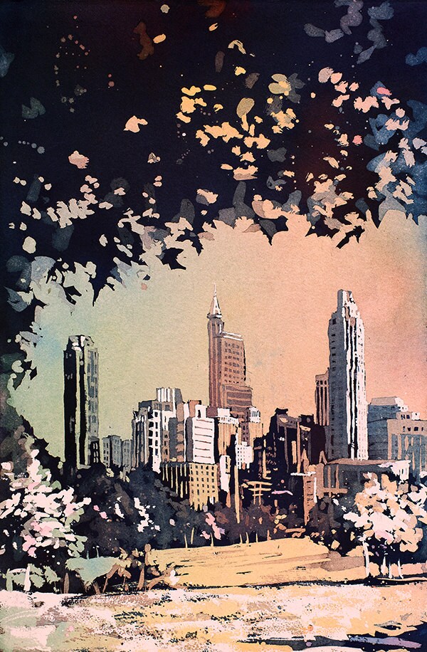 Raleigh skyline at dusk- Raleigh, North Carolina.  Raleigh skyline watercolor landscape fine art print wall art city skyline map Raleigh NC