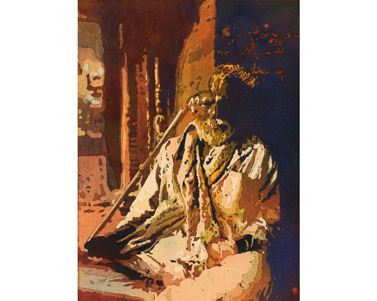 Watercolor painting of Sadhu sitting on temple in Durbar Square- Kathmandu, Nepal