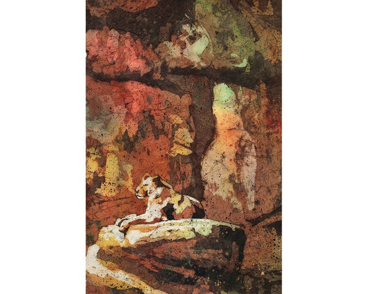 Serene lion watercolor batik showing two female lions lying together under the sun—ideal fine art print for safari-inspired interior styling.