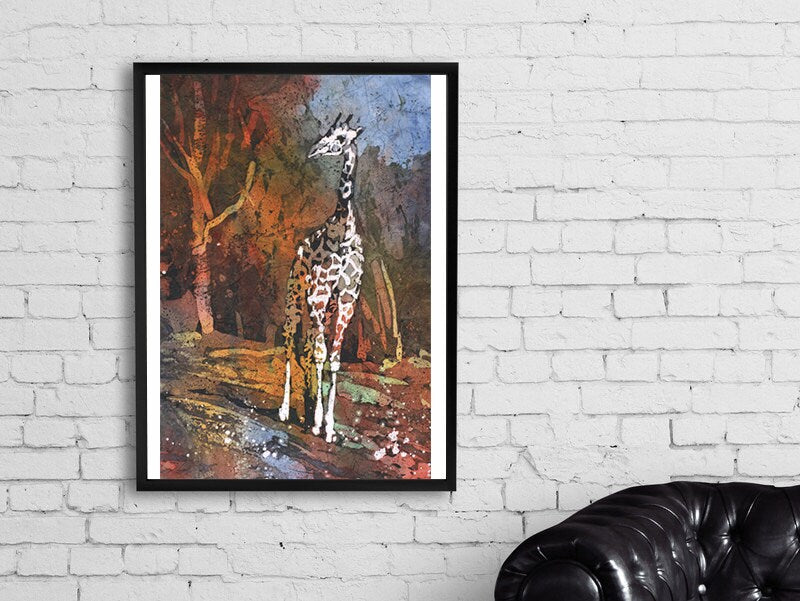 Giraffe at zoo. Watercolor painting of giraffe, artwork batik, watercolor painting fine art print colorful art African animal landscape (print)