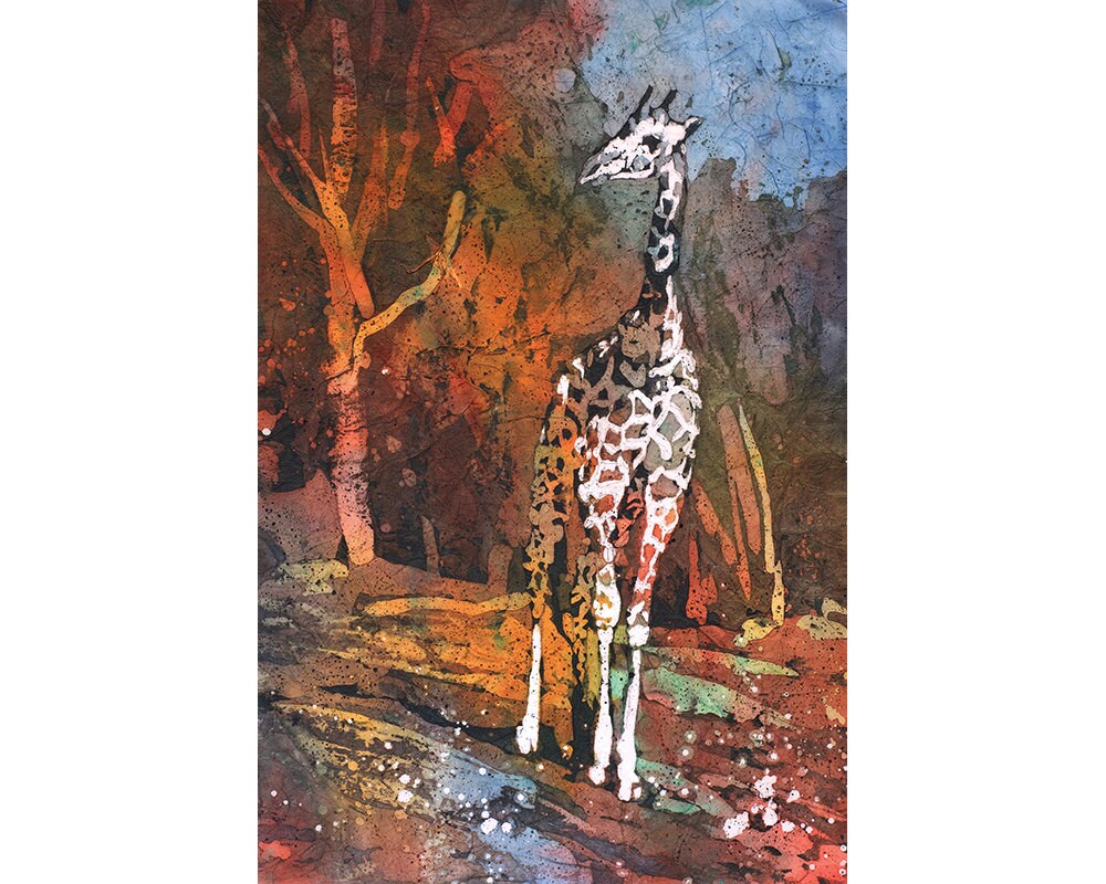 Giraffe at zoo. Watercolor painting of giraffe, artwork batik, watercolor painting fine art print colorful art African animal landscape (print)