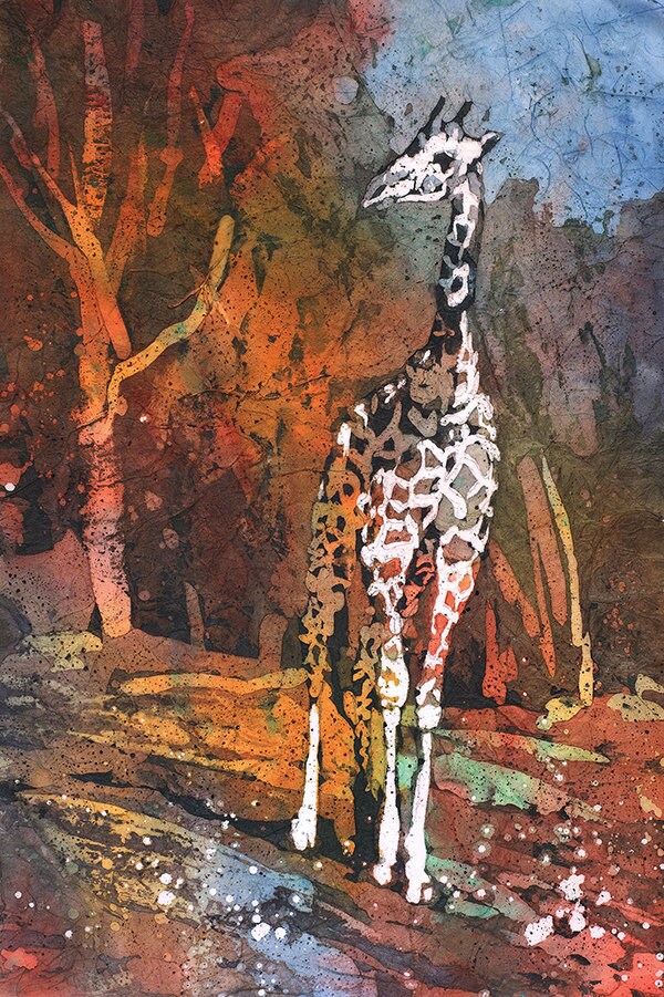 Giraffe at zoo. Watercolor painting of giraffe, artwork batik, watercolor painting fine art print colorful art African animal landscape (print)