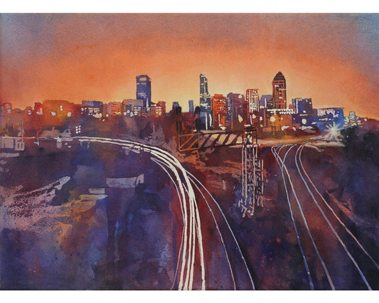 Raleigh, NC skyline as viewed from the Boylan Street Bridge at dawn- North Carolina. Watercolor painting Raleigh, NC.  Raleigh skyline art