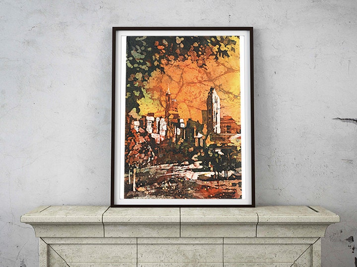 Watercolor batik painting Raleigh NC skyline