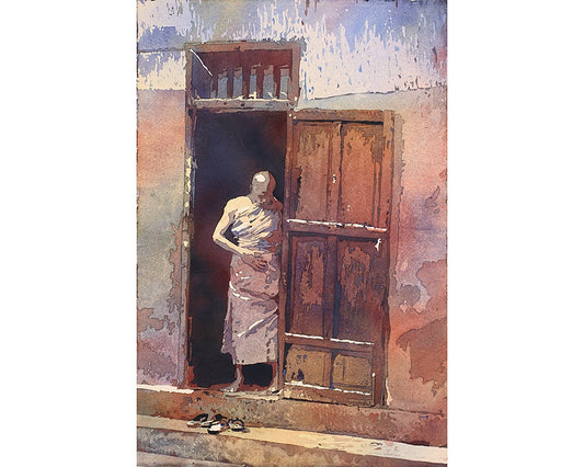 Monk in doorway of house of Wat- Luang Prabang, Laos.  Fine art watercolor painting of monk, watercolor art, Buddhism watercolor (print)