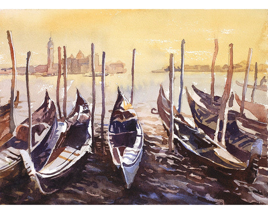 Venice painting. Gondola boats on Piazza San Marco at sunset inmedieval city of Venice- Italy.   Venice fine artwatercolor landscape (print)