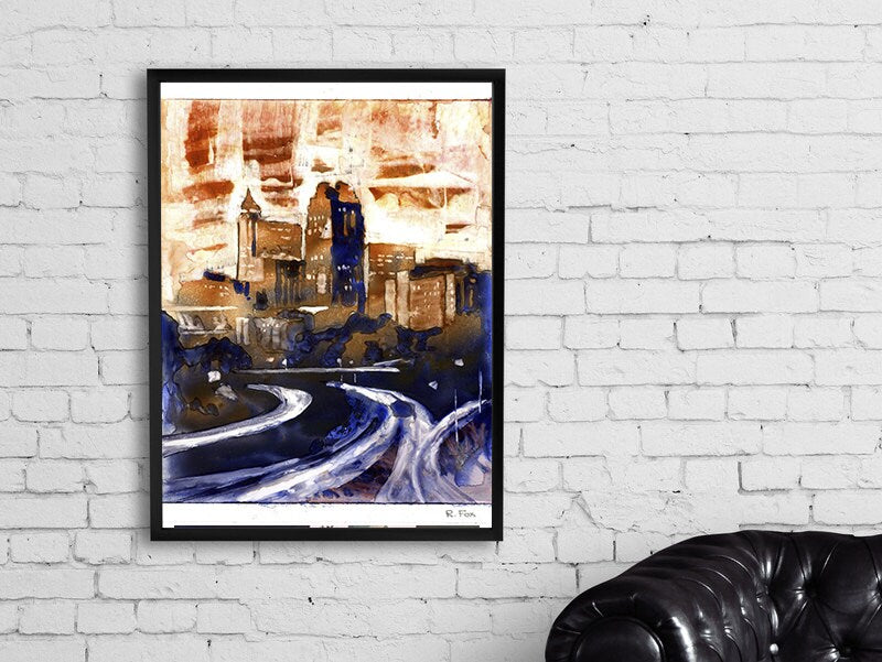 Raleigh, NC downtown skyline at sunset, Raleigh art,  Raleigh skyline painting fine art watercolor architecture painting landscape (print)