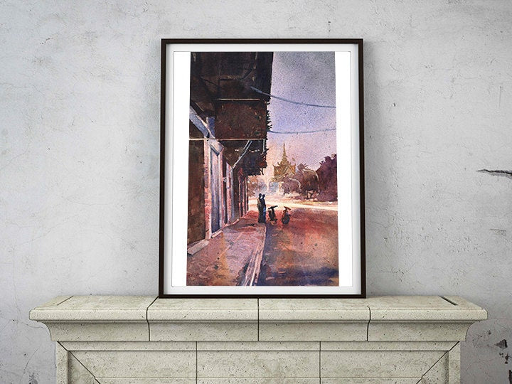 Painting of Royal Palace  and French colonial architecture of street at dusk in city of Phnom Penh- Cambodia.  Watercolor painting Cambodia (print)