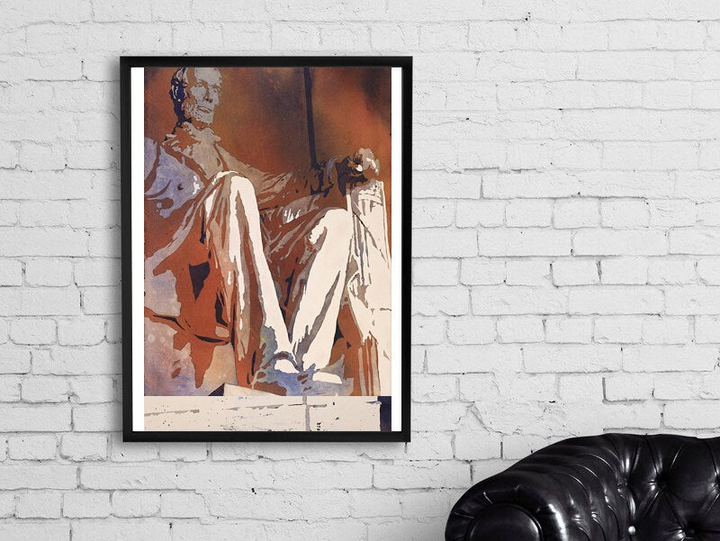 Lincoln Monument watercolor painting in Washington, DC.  Watercolor painting Lincoln Monumentat art print orange blue home decor monument (print)