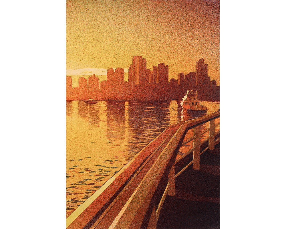 Vancouver skyline at sunset- British Columbia, Canada.  Fine art watercolor of Vancouver, art watercolor painting, skyline home decor art