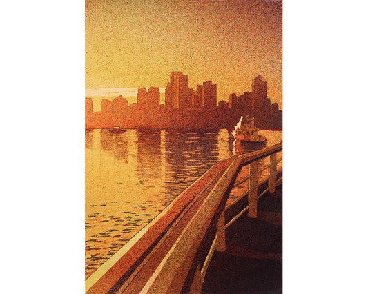 Vancouver skyline at sunset- British Columbia, Canada.  Original watercolor painting of Vancouver, BC.  Skyline Vancouver artwork painting