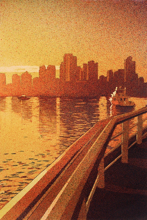 Vancouver skyline at sunset- British Columbia, Canada.  Original watercolor painting of Vancouver, BC.  Skyline Vancouver artwork painting