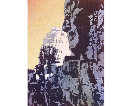 Expressive  original watercolor of Cambodia’s Bayon Temple ruins glowing under a radiant sunset sky—perfect for cultural home decor or thoughtful gift for him or her.