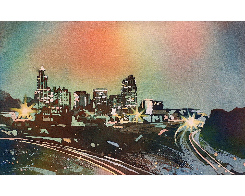 Raleigh skyline at sunrise-  fine art watercolor painting.  Raleigh skyline watercolor painting fine art giclee downtown Raleigh skyline