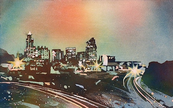 Raleigh skyline at sunrise-  fine art watercolor painting.  Raleigh skyline watercolor painting fine art giclee downtown Raleigh skyline