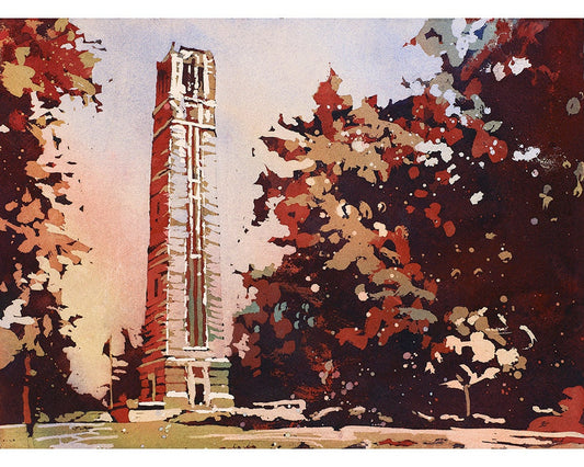 Watercolor painting of the North Carolina Statue University (NCSU) Bell-Tower in Raleigh, NC at dusk.