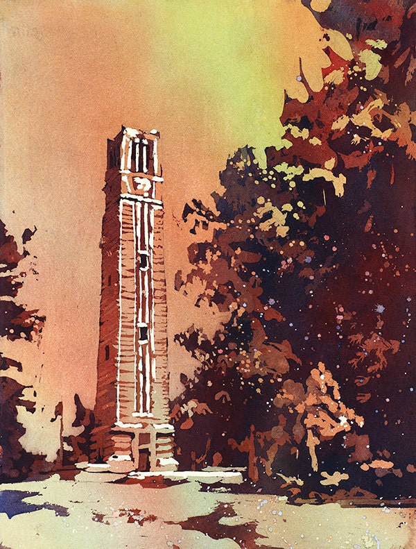 NCSU Bell Tower watercolor painting Raleigh NC alumni decor