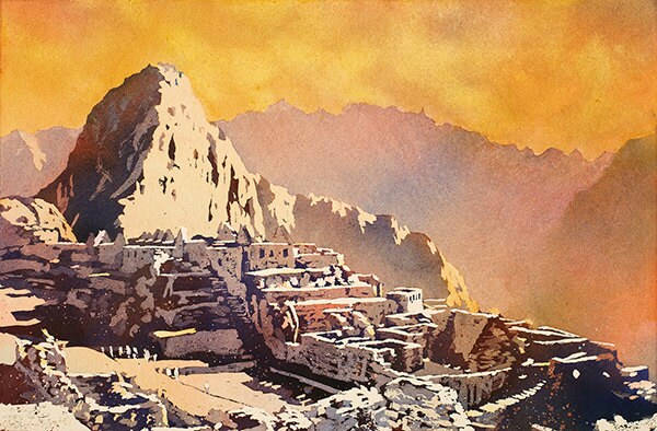 Machu Picchu- Sacred Valley, Peru.  Watercolor art, landscape painting, Peru Machu Picchu artwork Peru ruins orange art Machu Picchu (print)