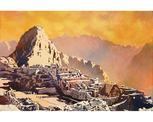 Machu Picchu fine art watercolor featuring panoramic Andean mountain scenery, ancient paths, and iconic ruins—great for office art or a thoughtful gift for her.