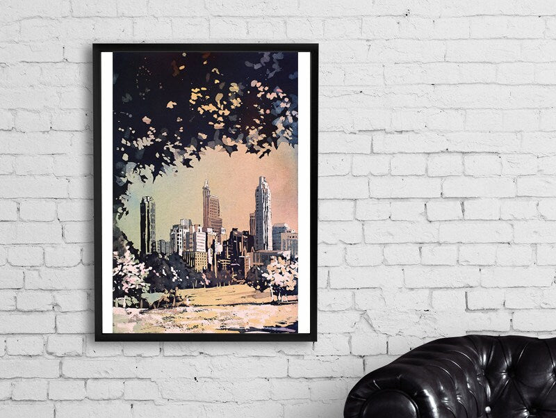 Raleigh skyline at dusk- Raleigh, North Carolina.  Raleigh skyline watercolor landscape fine art print wall art city skyline map Raleigh NC