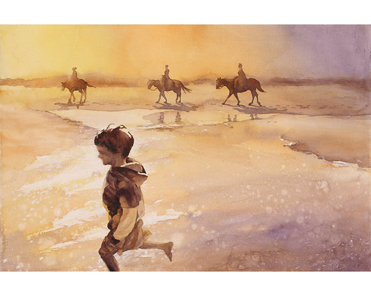 Niño y caballos en la playa en la isla Ocracoke al atardecer- Outer Banks, Carolina del Norte. Acuarela de playa. Acuarela de arte de caballo (impresión)
