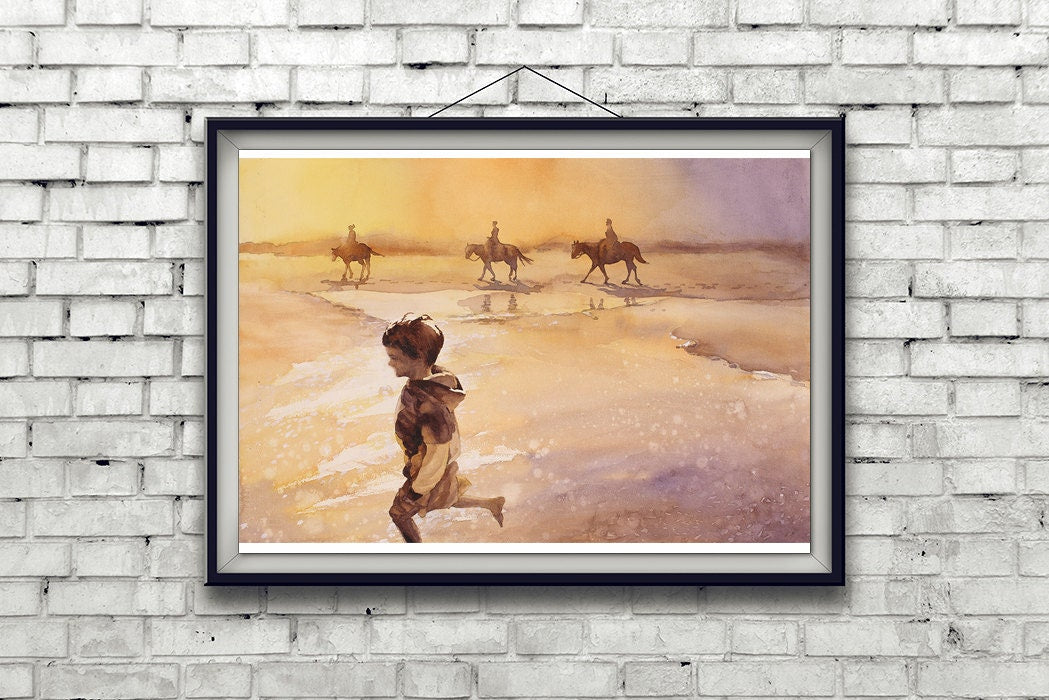 Child and horses on beach on Ocracoke Island at sunset- Outer Banks, North Carolina.  Beach watercolor.  Horse artwork watercolor (print)